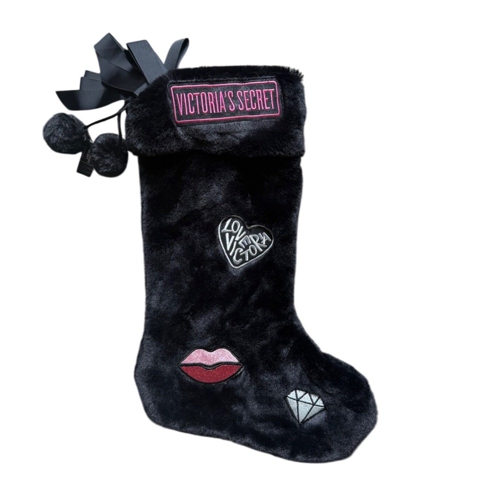 Victoria's Secret Christmas‎ Stocking Black Faux Fur Pom Pom Patches Holiday NWT